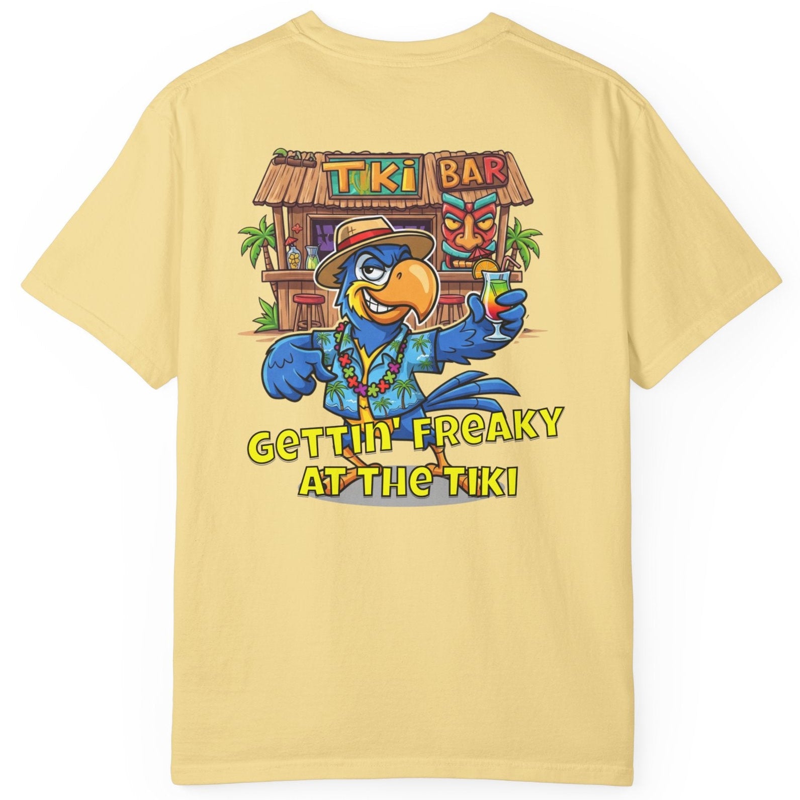Yellow t-shirt with a colorful graphic of a parrot and tiki bar on the back, on a white background.