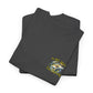 Folded black t-shirt with a graphic of a character on a moon and stars design.