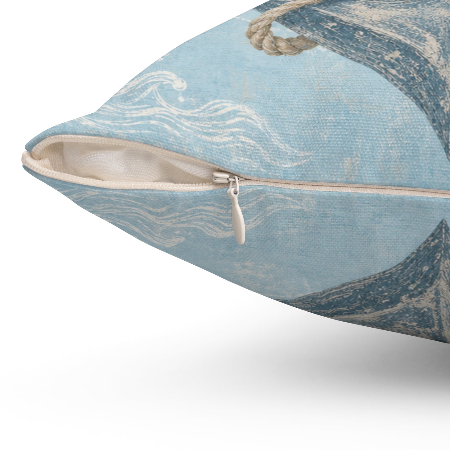Light blue square cushion side view, zipper closure visible, beige lining