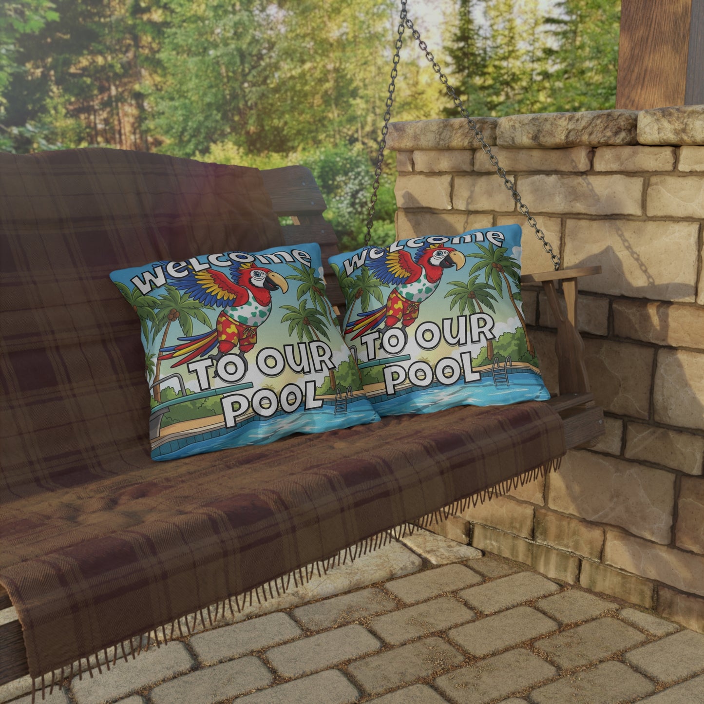 Welcome To Our Pool Outdoor Pillow — Tropical Parrot Poolside Decorative Cushion