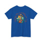 Blue t-shirt with a cartoon character and 'Living the Caribbean Life' text on the back.