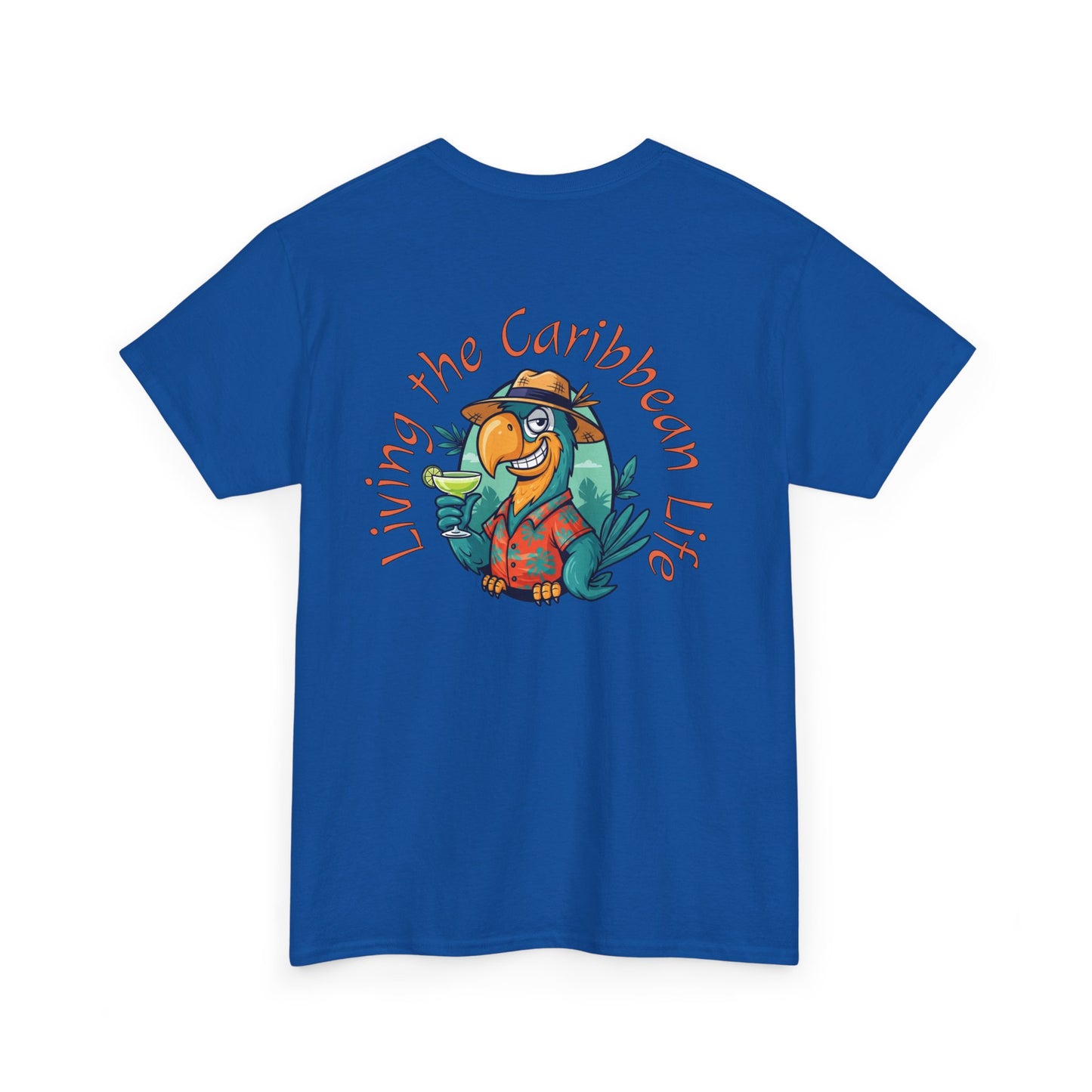 Blue t-shirt with a cartoon character and 'Living the Caribbean Life' text on the back.