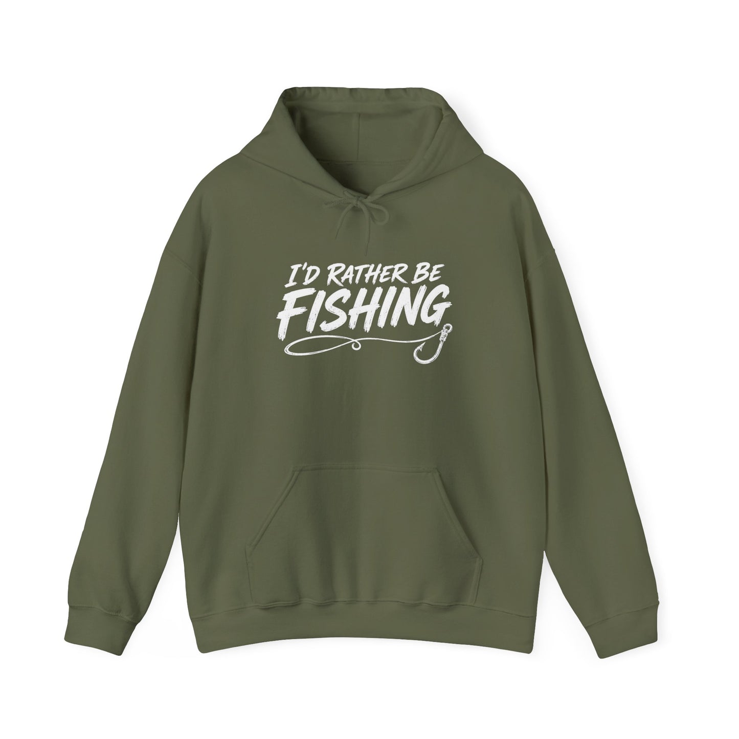 Green hoodie with 'I'd Rather Be Fishing' text on a white background