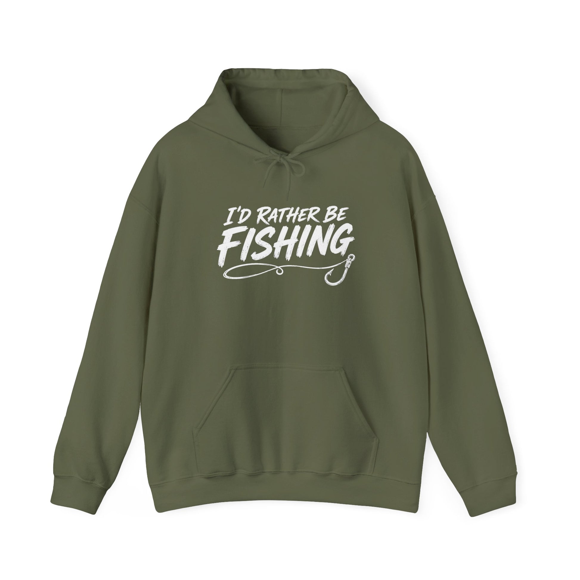 Green hoodie with 'I'd Rather Be Fishing' text on a white background