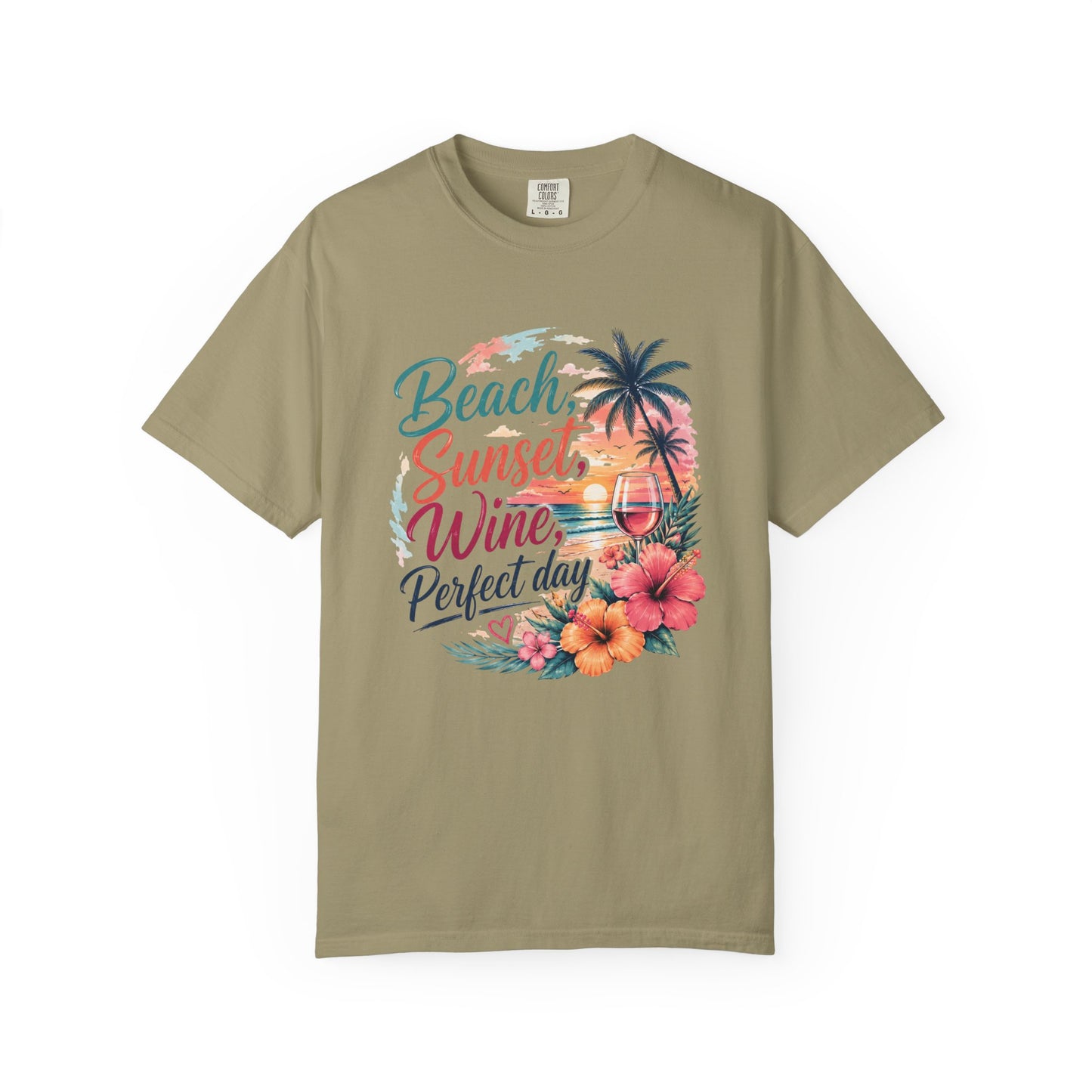 Beach Sunset Wine T-Shirt — "Beach, Sunset, Wine, Perfect Day" Tropical Graphic Tee