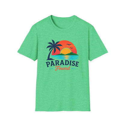 Bright green T-shirt with palm tree sunset graphic and “Paradise Found” text.
