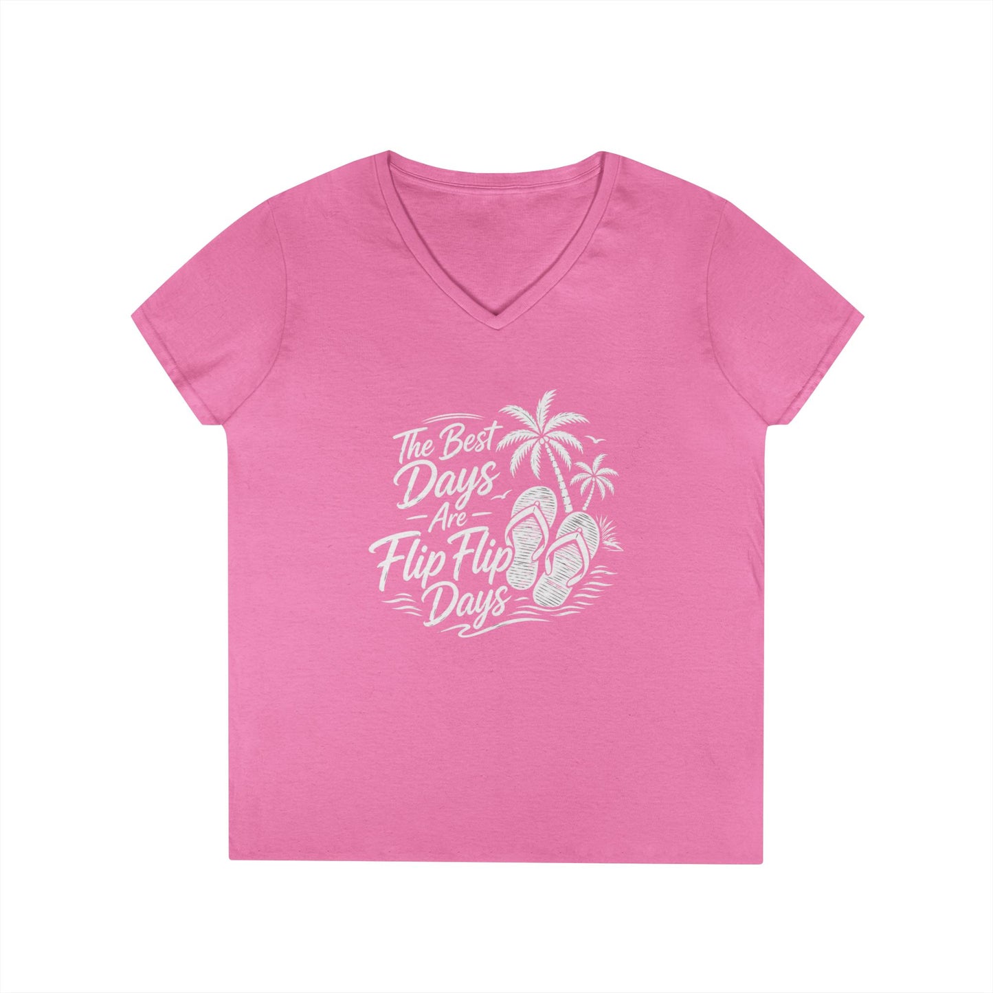 Women’s v-neck t-shirt in pink with beach graphic of flip flops and palms