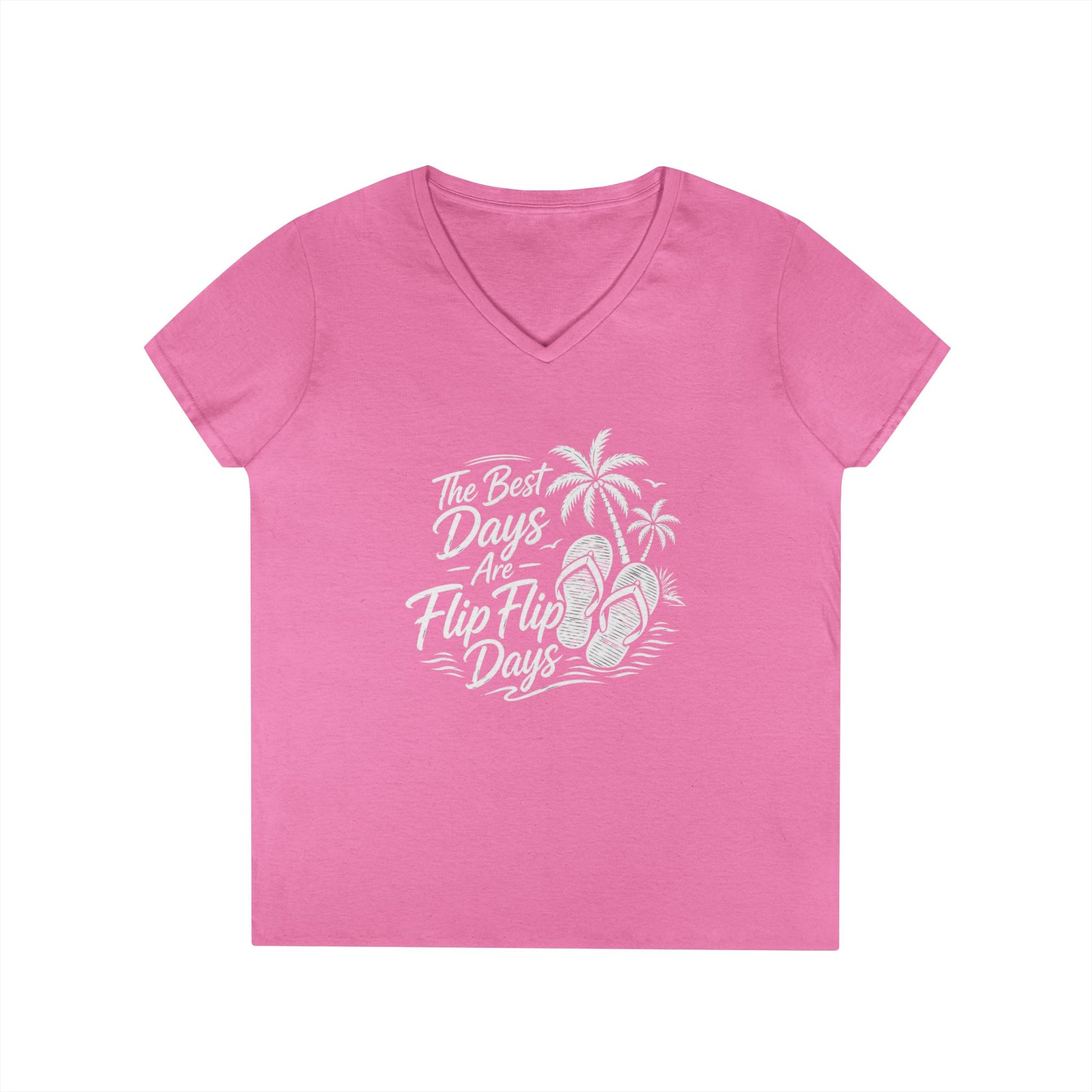 Women’s v-neck t-shirt in pink with beach graphic of flip flops and palms