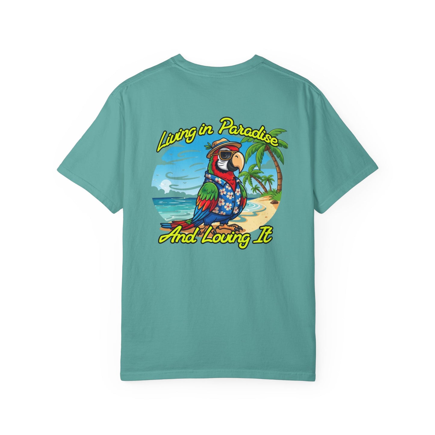 Teal t-shirt with a colorful parrot graphic and text on a white background