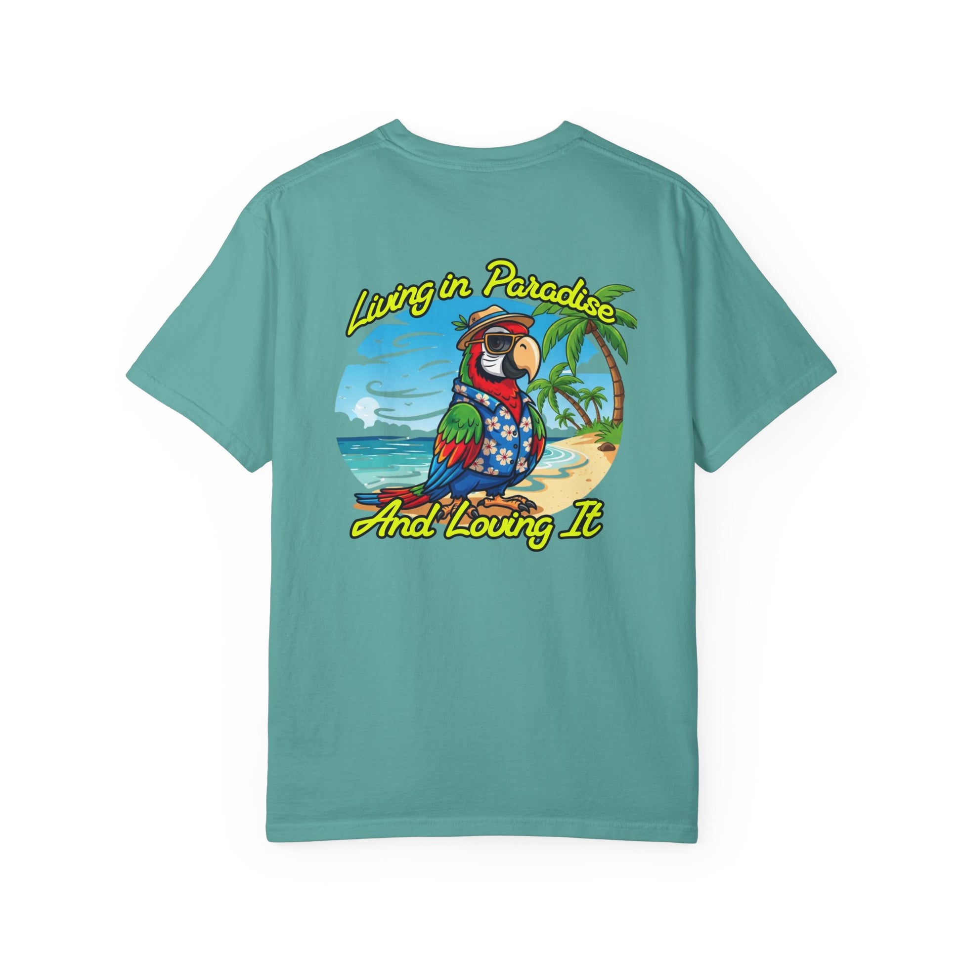 Teal t-shirt with a colorful parrot graphic and text on a white background