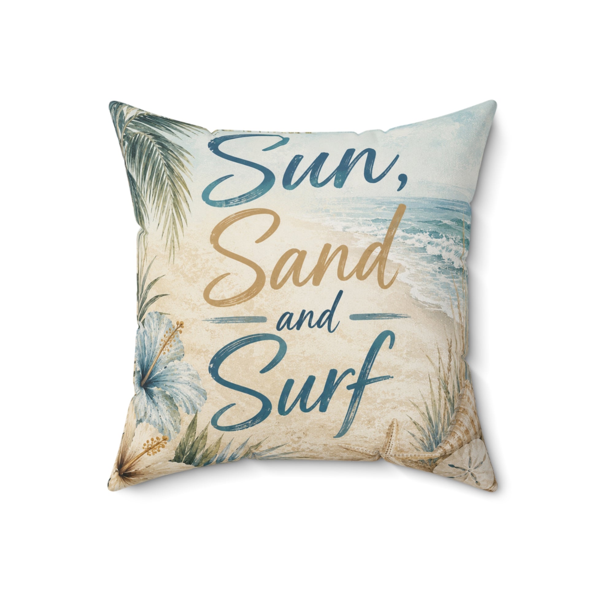 A square beach-themed throw pillow featuring the text 'Sun, Sand and Surf' in blue and gold script over a sandy beach and ocean scene, with palm leaves and a blue hibiscus flower.