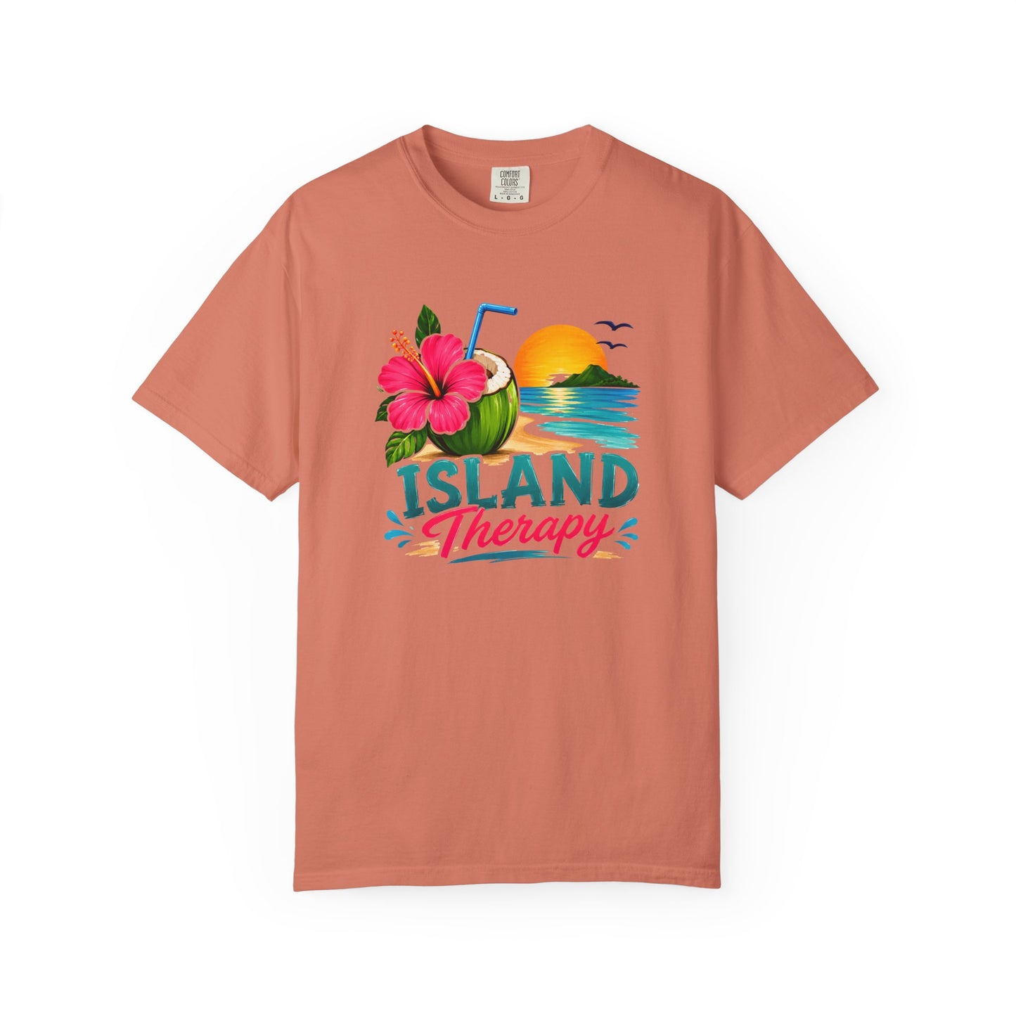Island Therapy T‑Shirt — Tropical Sunset Coconut Drink Beach Tee