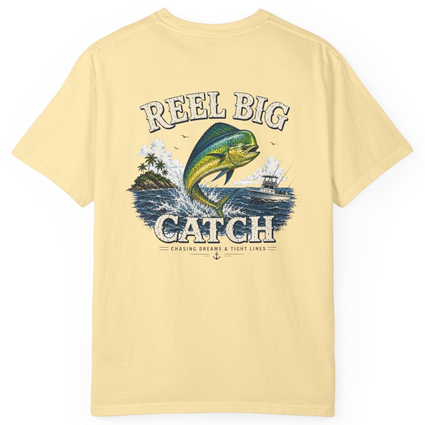 Yellow t-shirt with 'Reel Big Catch' graphic on a white background