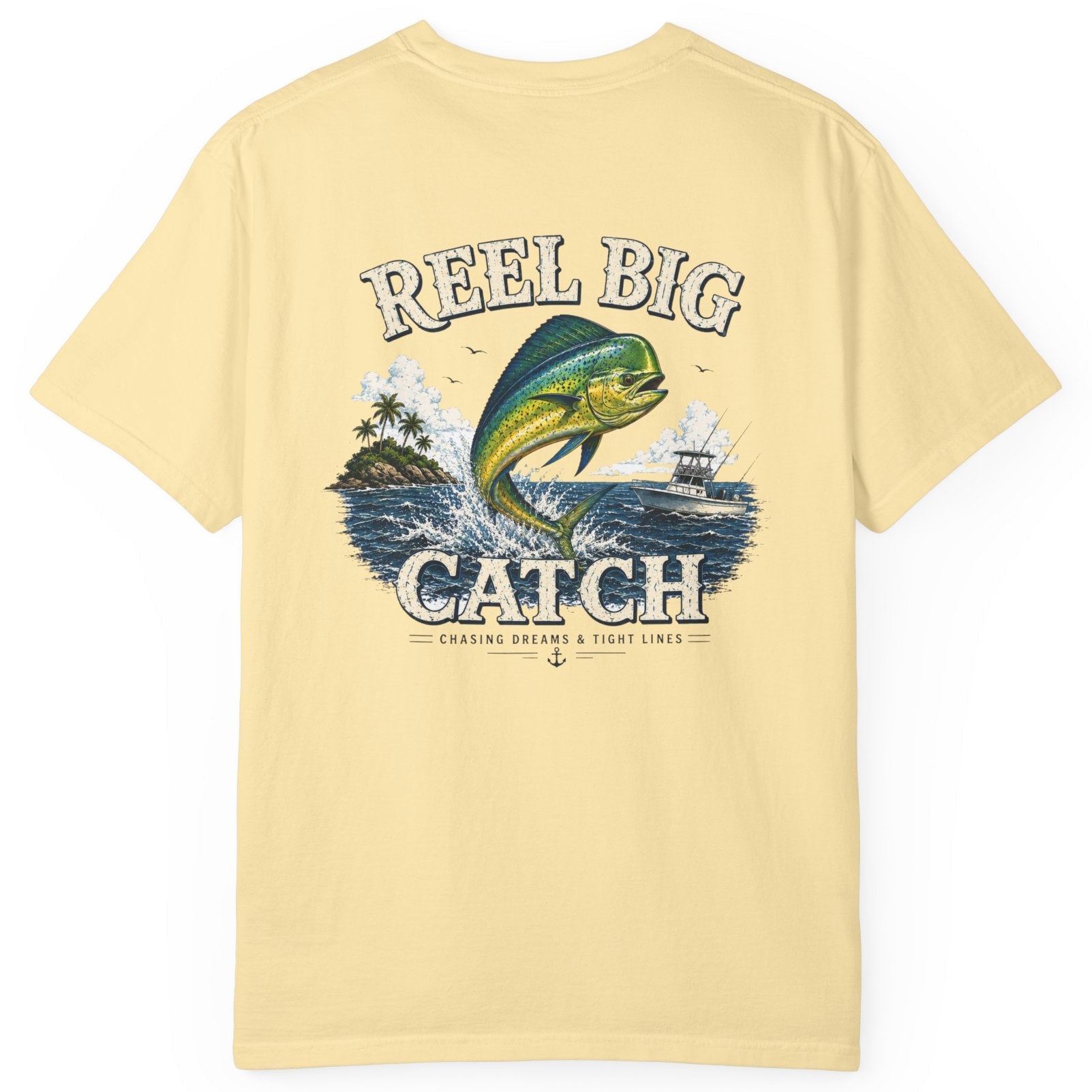 Yellow t-shirt with 'Reel Big Catch' graphic on a white background