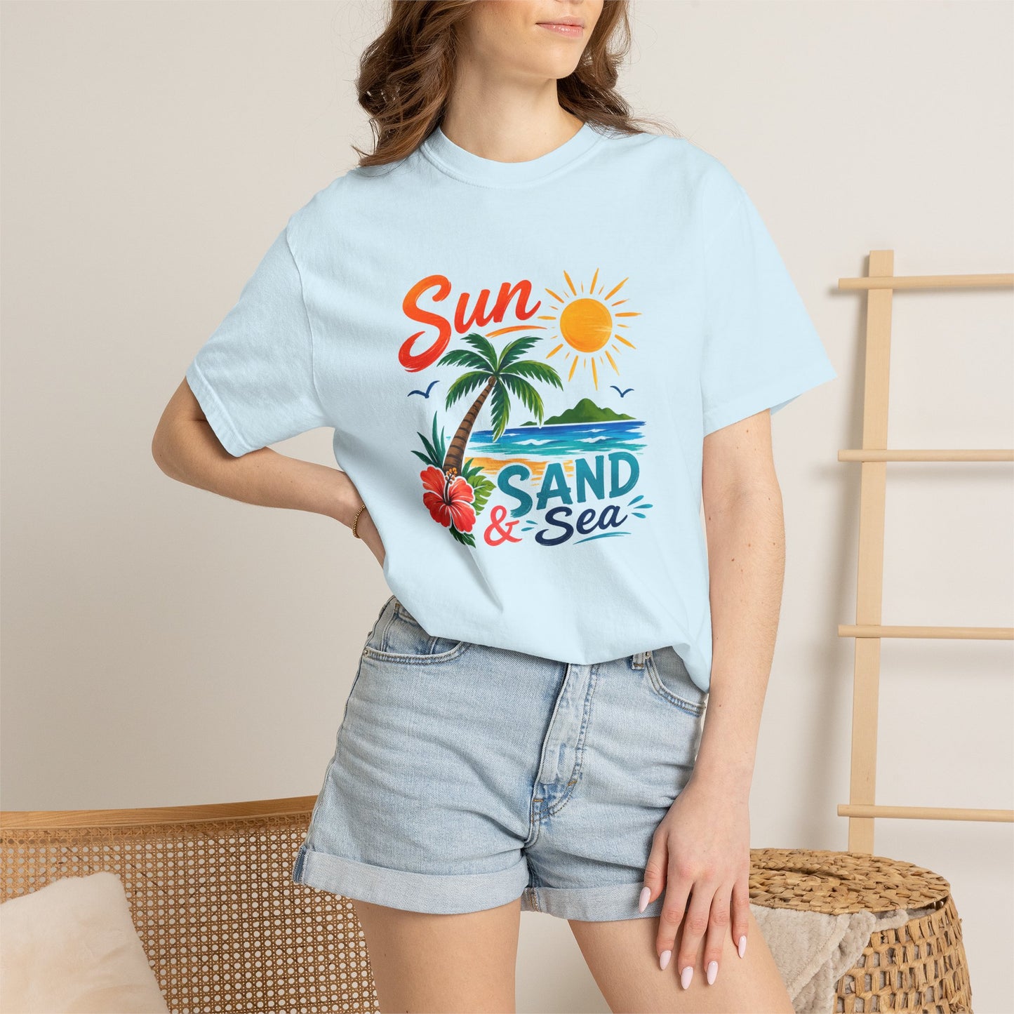 Sun, Sand & Sea T-Shirt – Tropical Beach Palm Tree Graphic Tee