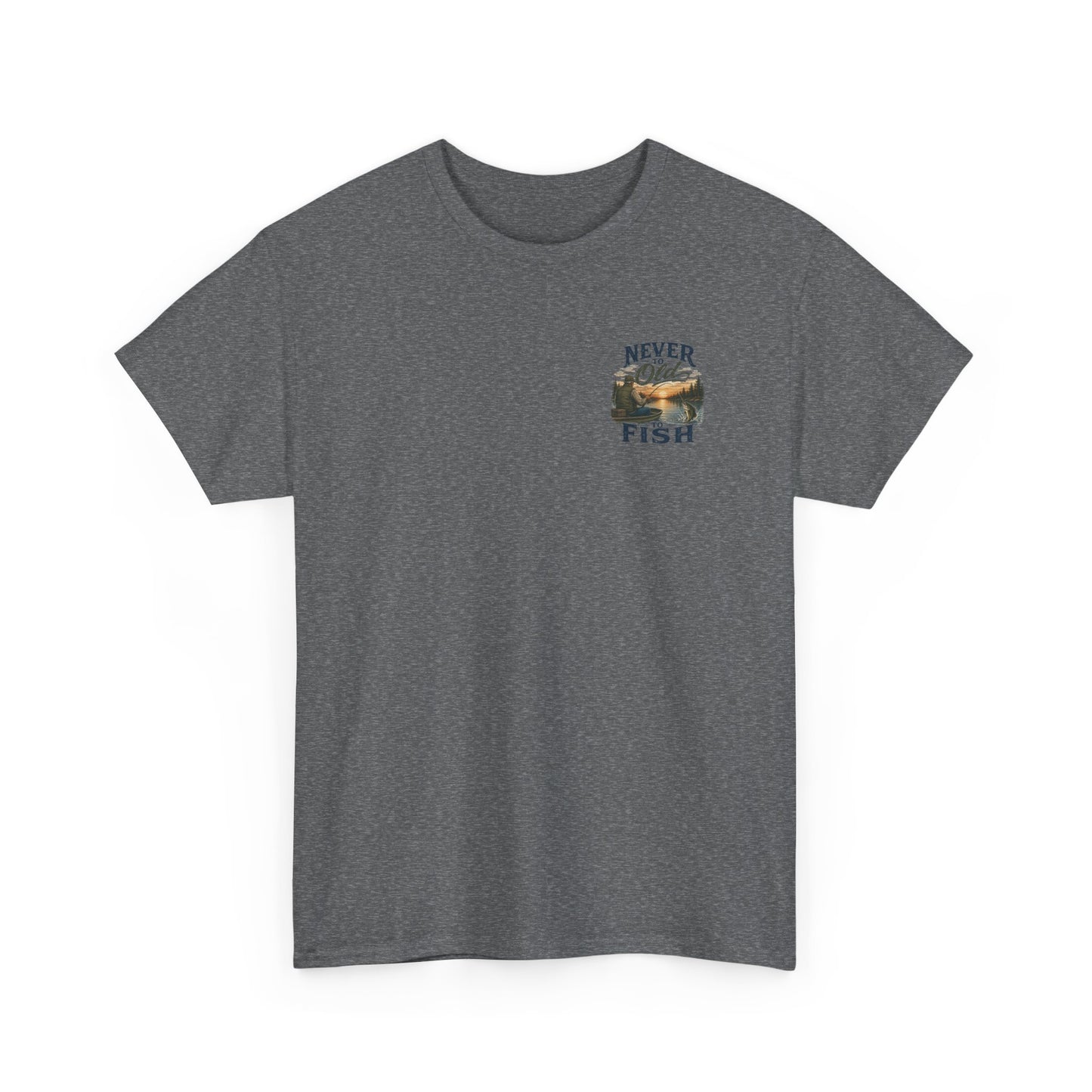 T-Shirt — "Never Too Old to Fish" Fishing Tee (Sunset Lake Design)