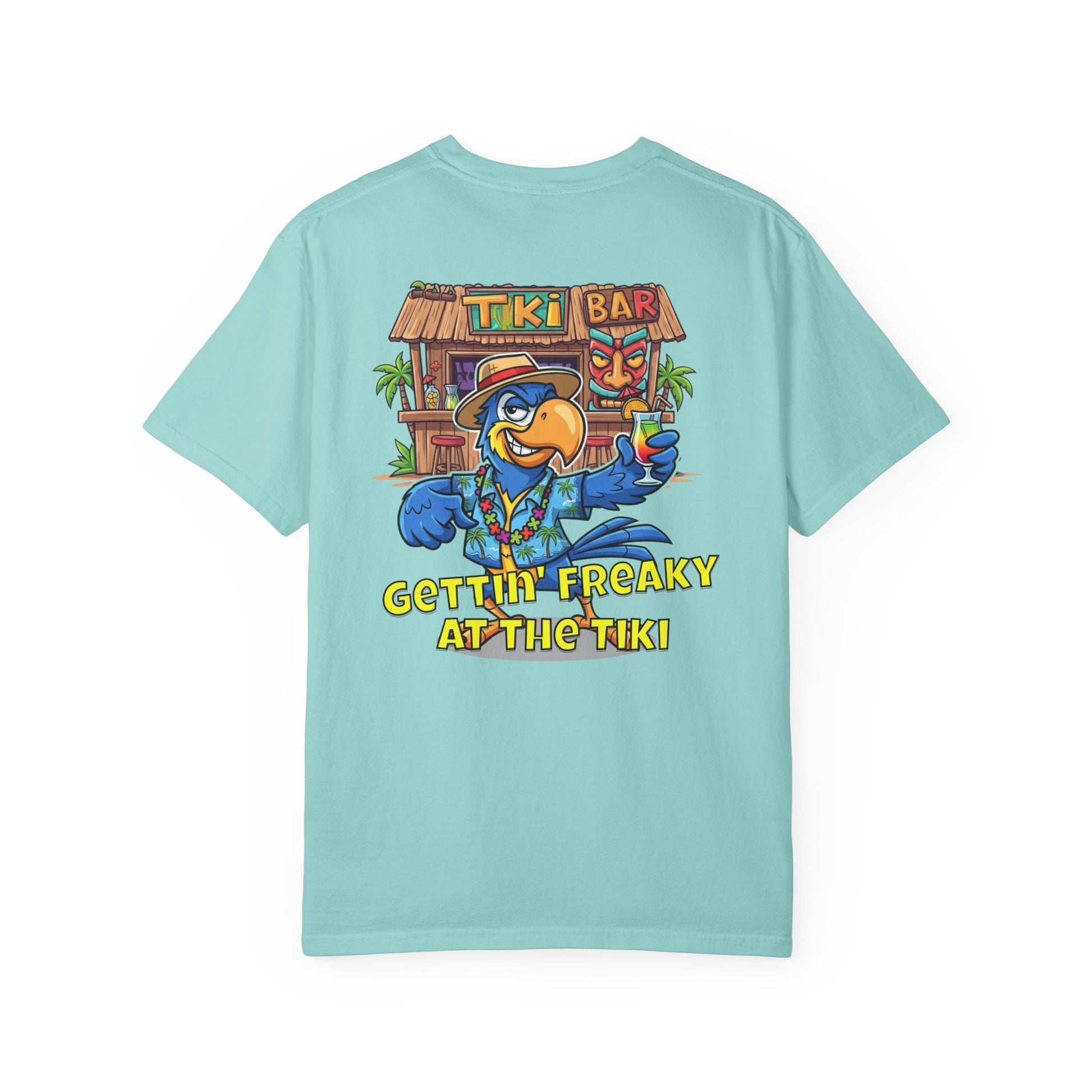 Light blue t-shirt with a colorful graphic of a parrot and tiki bar on the back, on a white background.