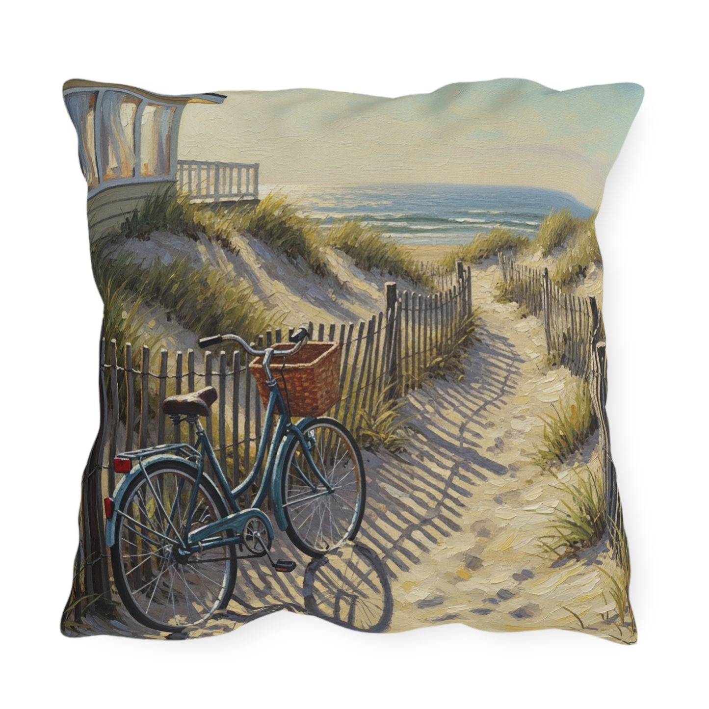 Coastal Path Bicycle Outdoor Pillow — Beach Dunes Sunset Accent Cushion