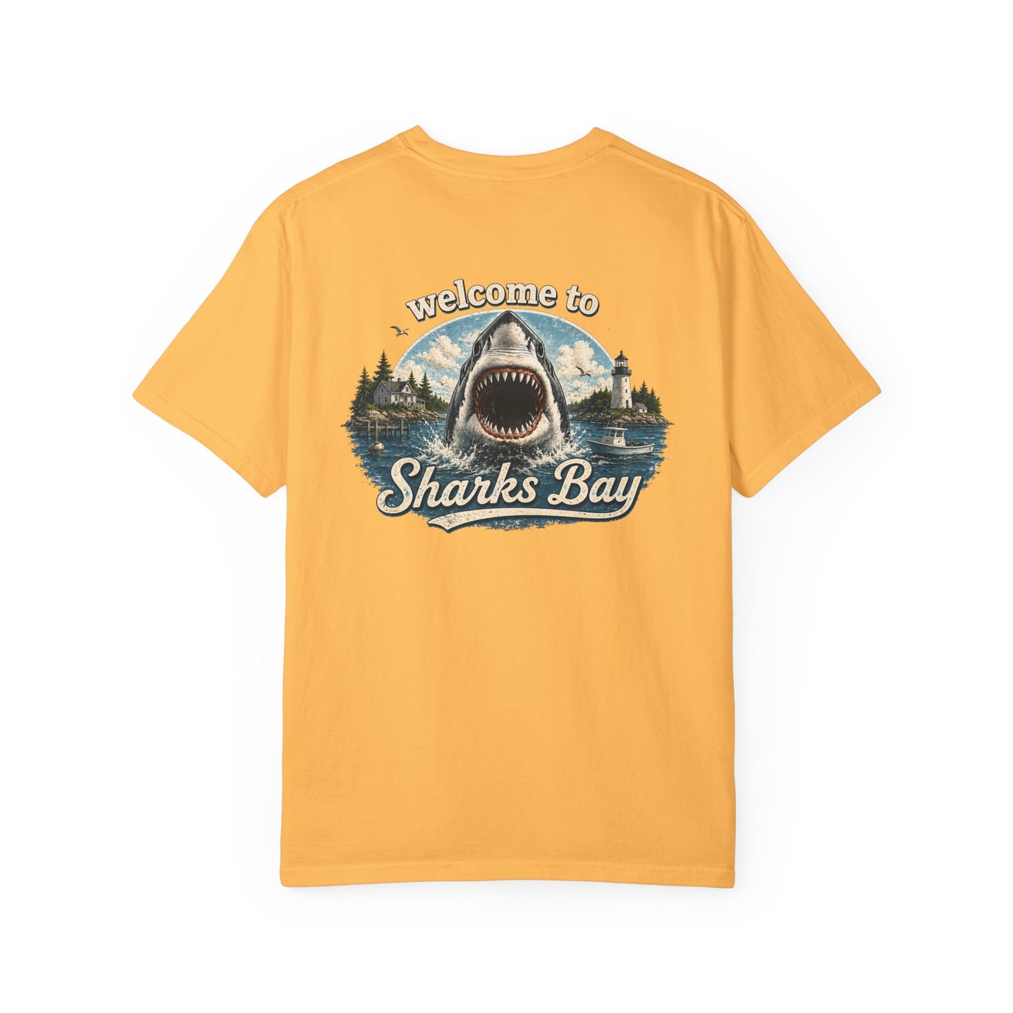 Sharks Bay T-Shirt — "Welcome to Sharks Bay" Vintage Shark Graphic Tee