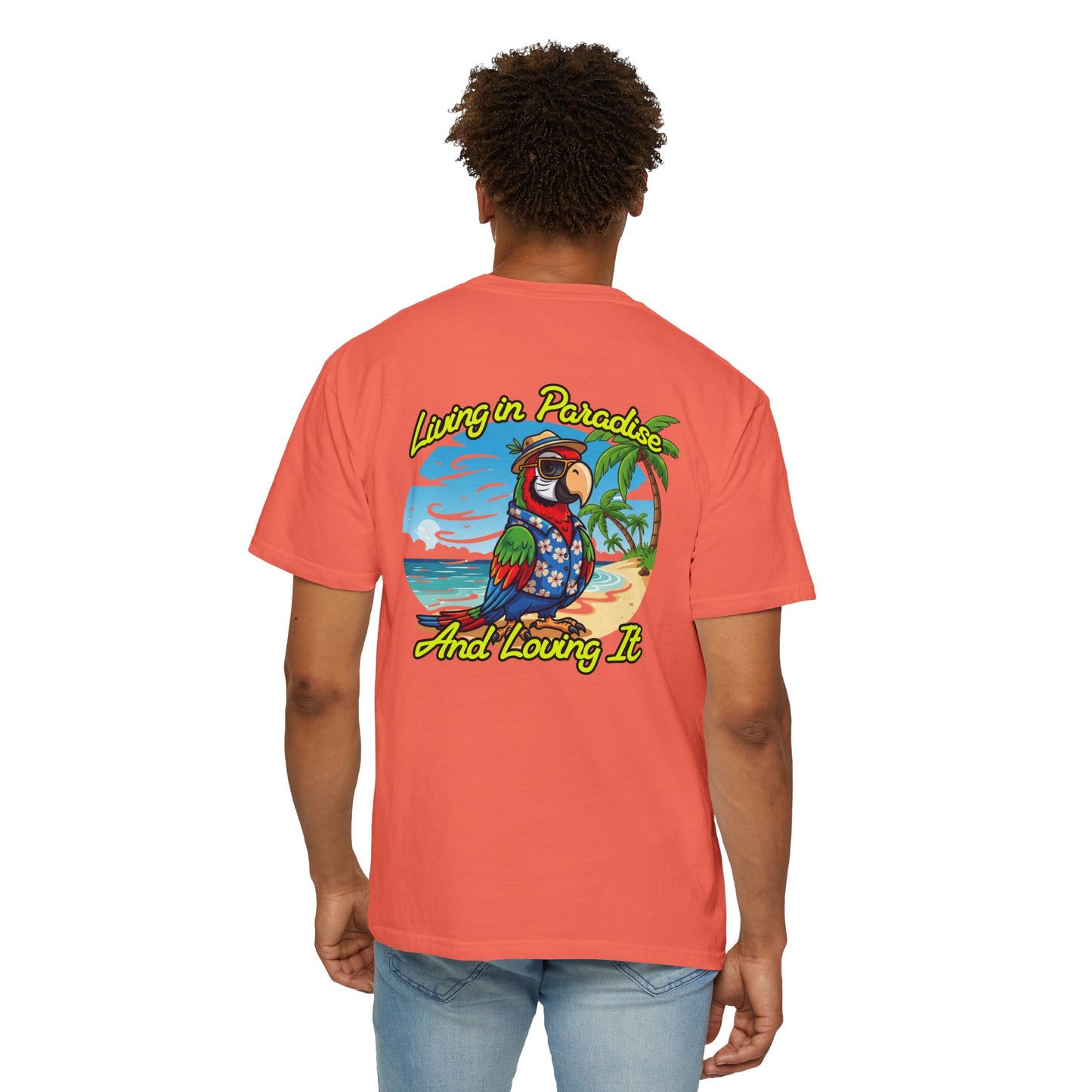 T-Shirt — "Living in Paradise and Loving It" Tropical Parrot Beach Tee