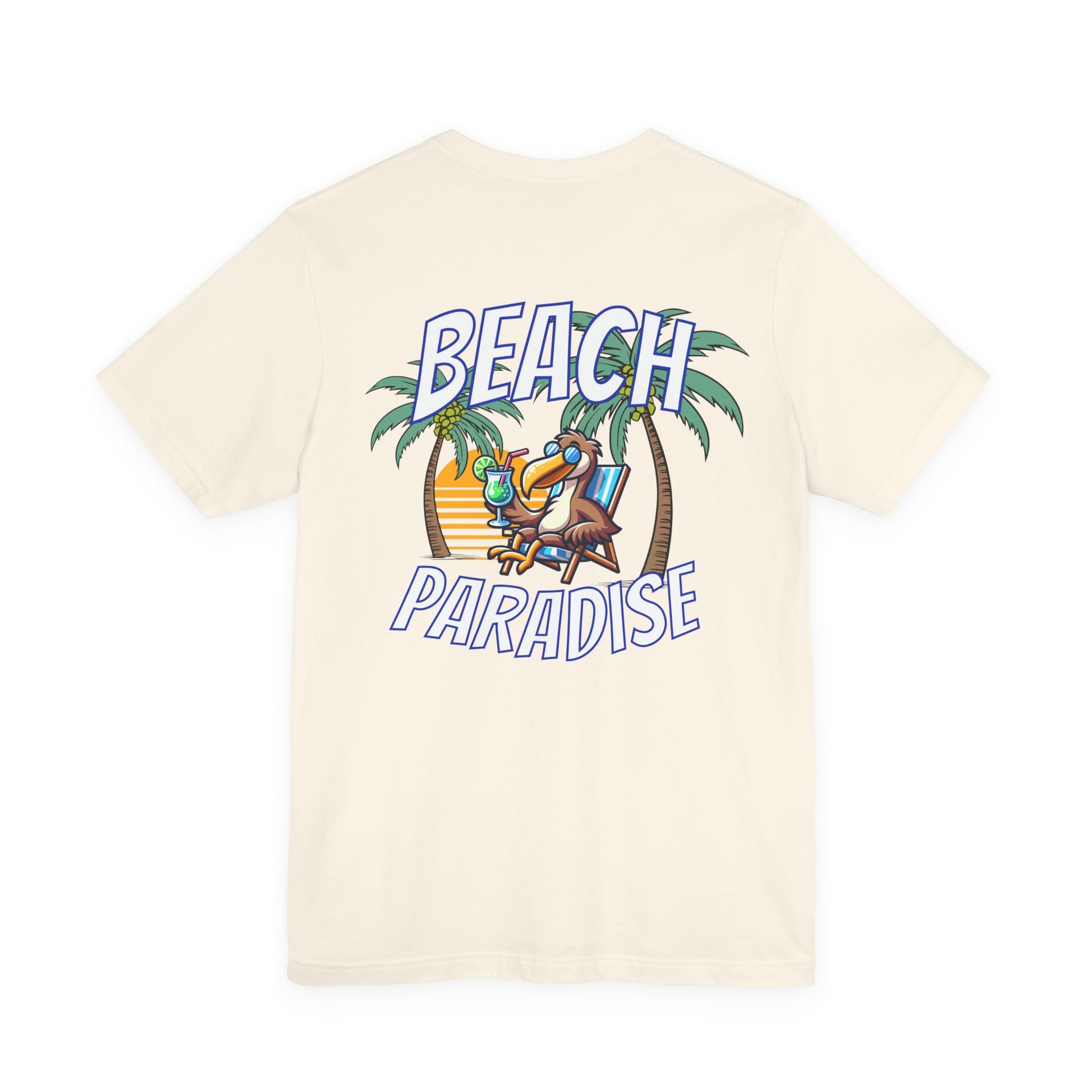Beige t-shirt with 'Beach Paradise' graphic featuring a palm tree, lounge chair, and sunglasses on a white background by Caribbean Rays