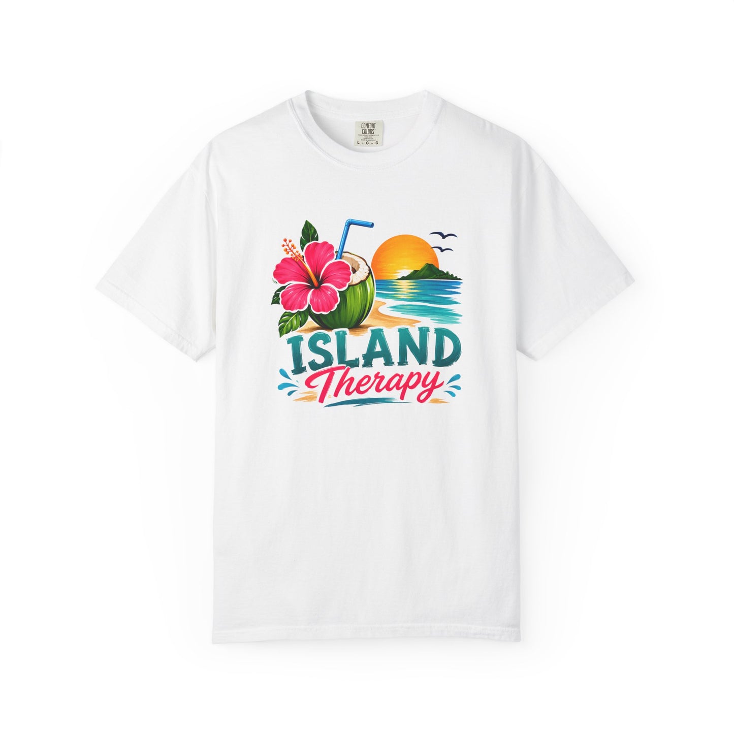 Island Therapy T‑Shirt — Tropical Sunset Coconut Drink Beach Tee