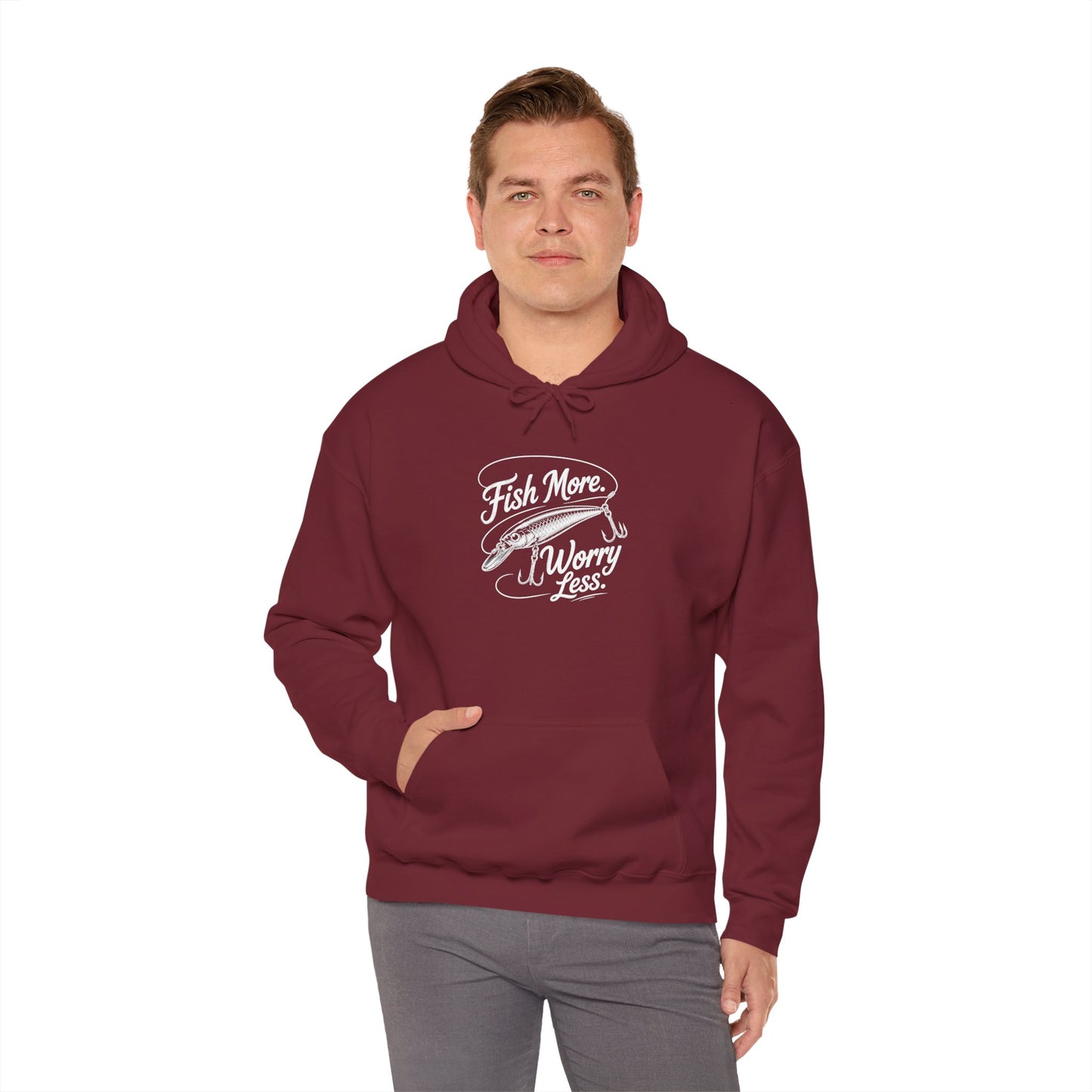 Fishing Hoodie - "Fish More Worry Less" Graphic Pullover