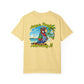Yellow t-shirt with a tropical graphic and text on the back