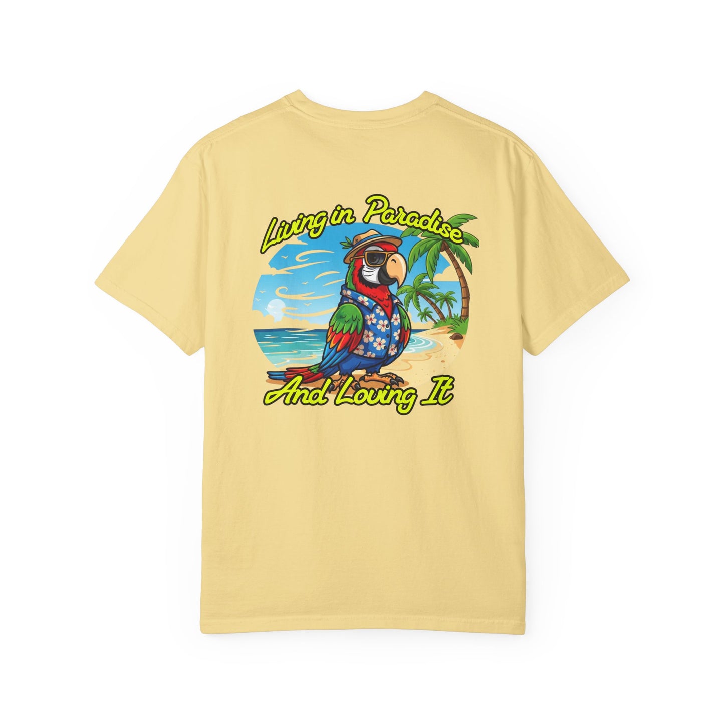 Yellow t-shirt with a tropical graphic and text on the back
