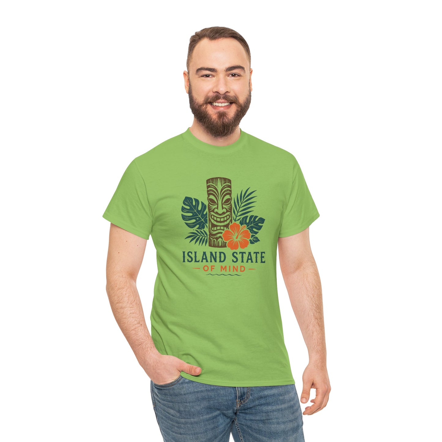Island State of Mind T-Shirt — Tropical Tiki Tee with Hibiscus & Palm Leaves