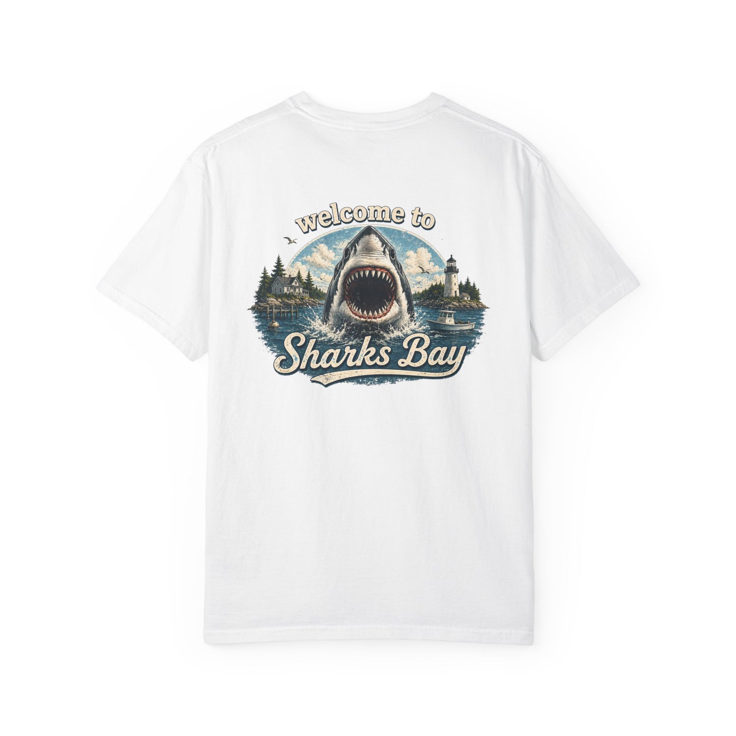Sharks Bay T-Shirt — "Welcome to Sharks Bay" Vintage Shark Graphic Tee