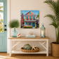 Nautical-themed entryway with a wooden console table, decorative items, and a painting of a house.