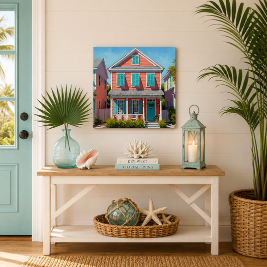 Nautical-themed entryway with a wooden console table, decorative items, and a painting of a house.