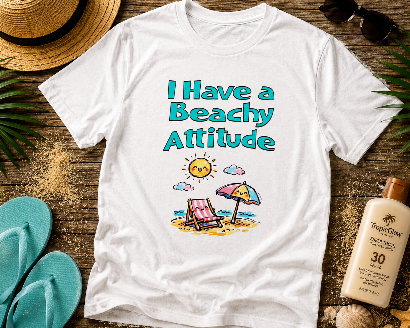 White t-shirt with 'I Have a Beachy Attitude' text and beach graphics on a wooden surface with summer items.