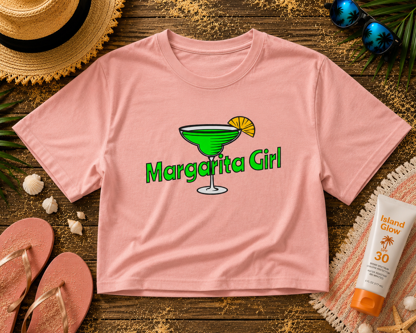 Pink t-shirt with 'Margarita Girl' design on a wooden surface with summer accessories.