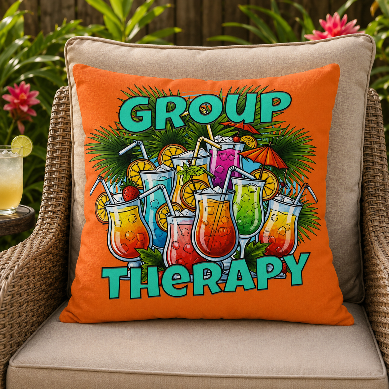 Outdoor Pillow — "Group Therapy" Tropical Cocktail Patio Pillow