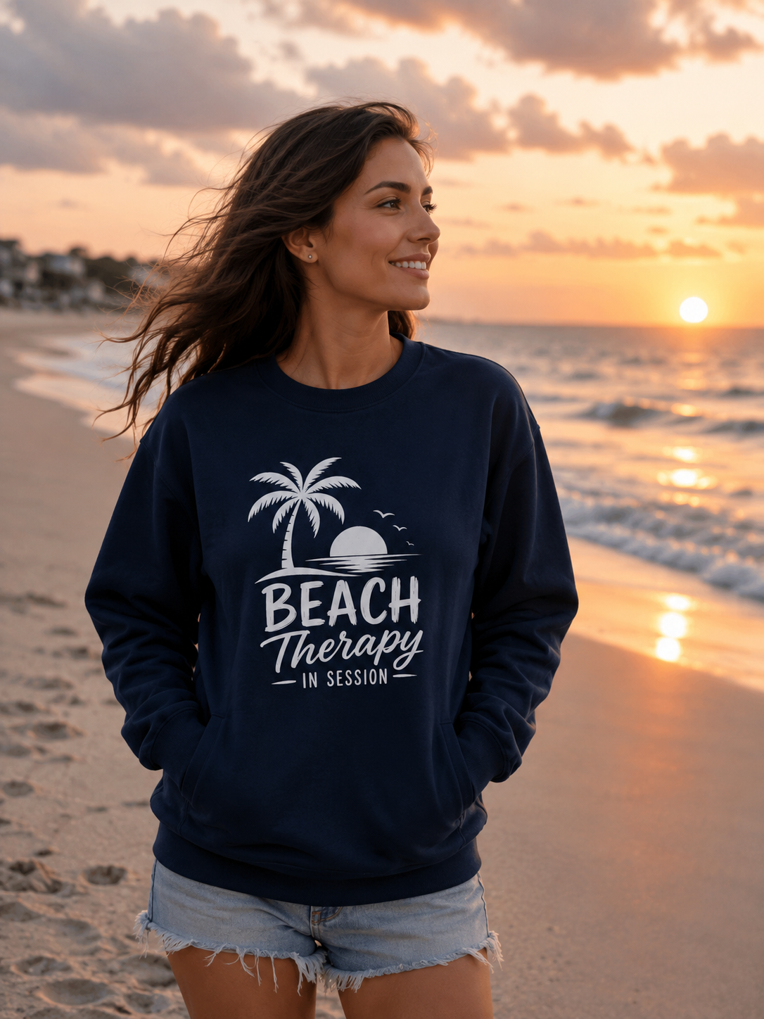 A woman stands on a beach at sunset wearing a navy blue sweatshirt with a white graphic that reads 'BEACH Therapy IN SESSION' with a palm tree and sun design, paired with light denim shorts.