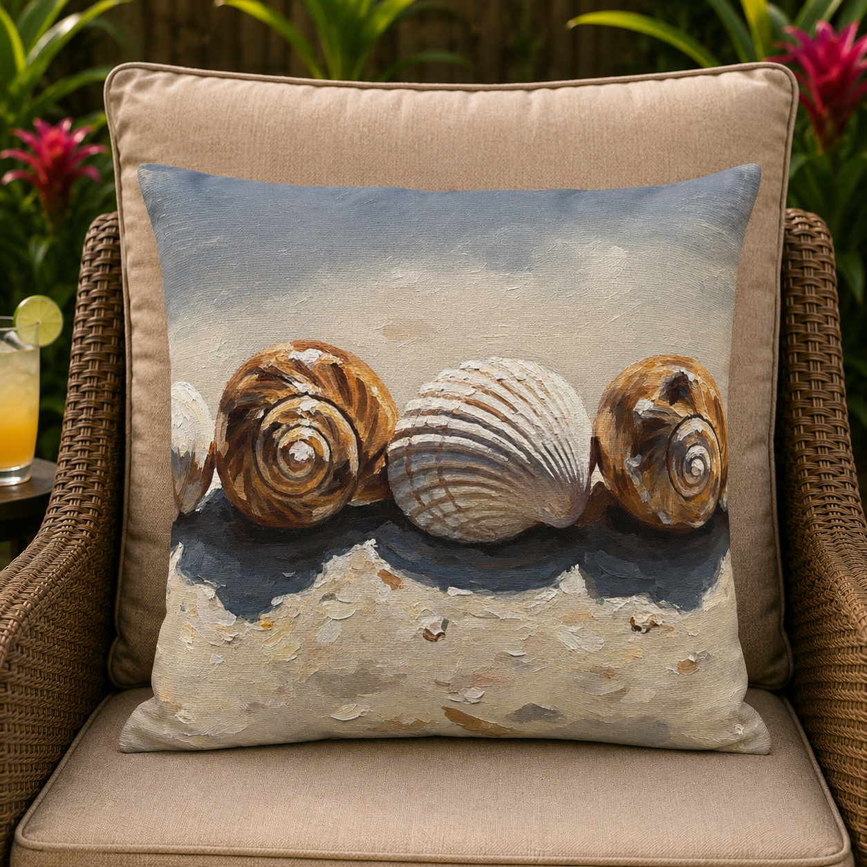 Seashell Row Outdoor Pillow – Coastal Beach Decorative Throw
