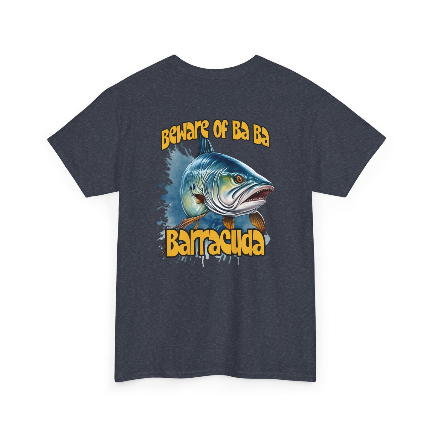 Black t-shirt with barracuda graphic and text on a white background
