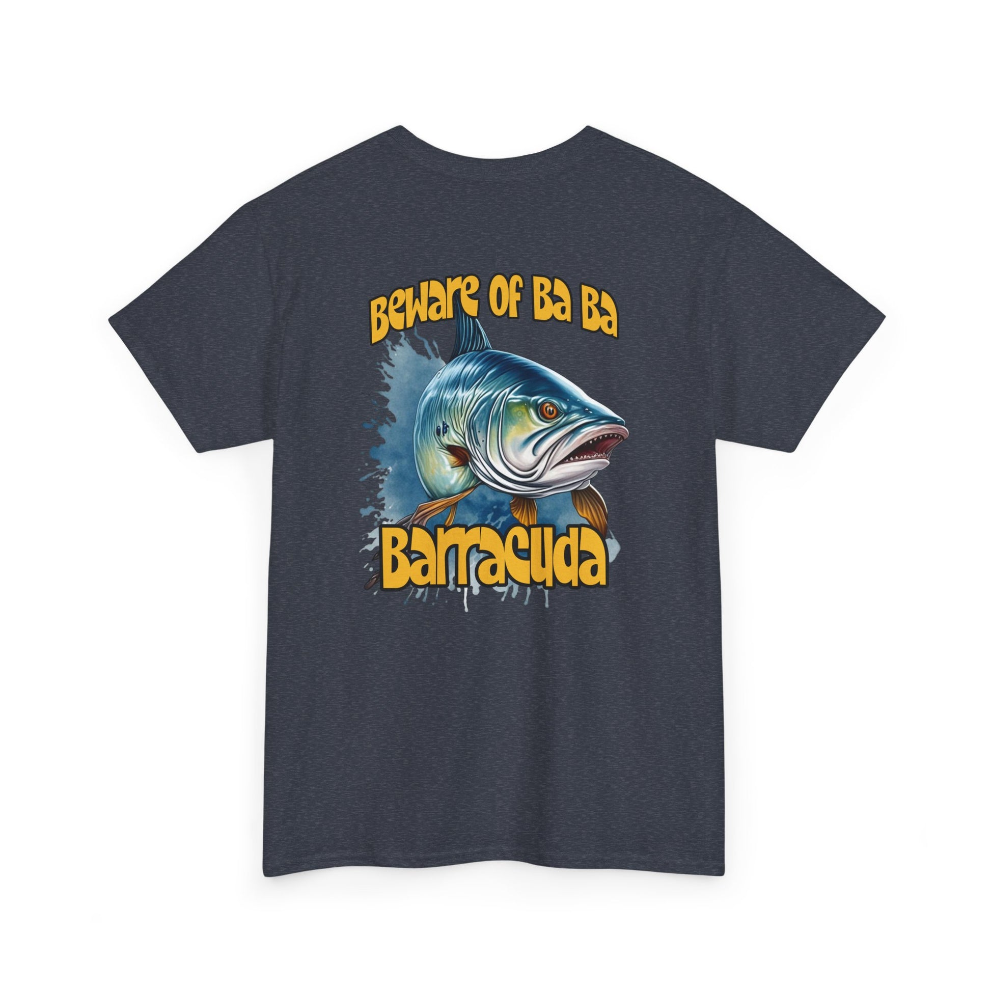 Black t-shirt with barracuda graphic and text on a white background