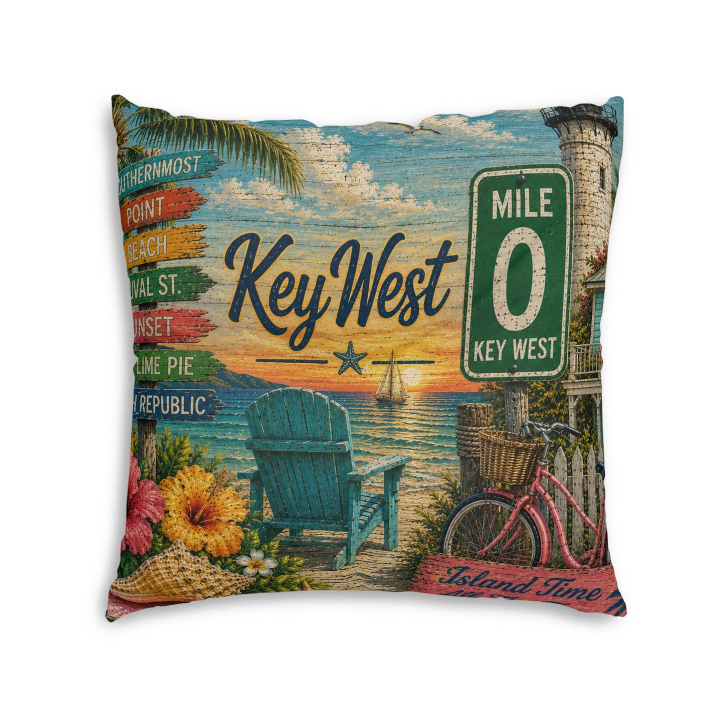 Square tufted floor pillow with Key West themed map and tropical accents, teal and multicolor.
