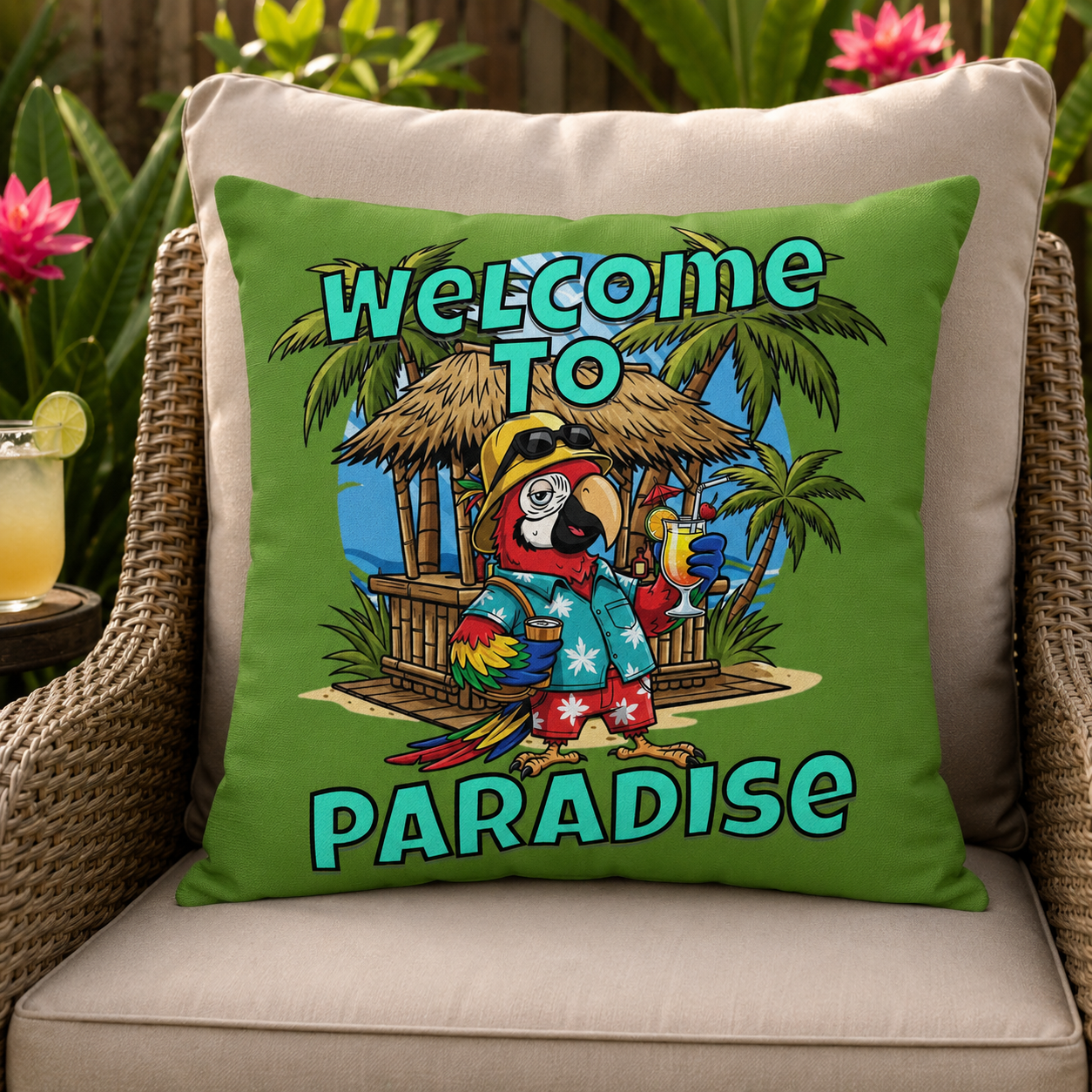 Welcome to Paradise Outdoor Pillow — Tropical Parrot Tiki Bar Throw Pillow for Patio & Pool