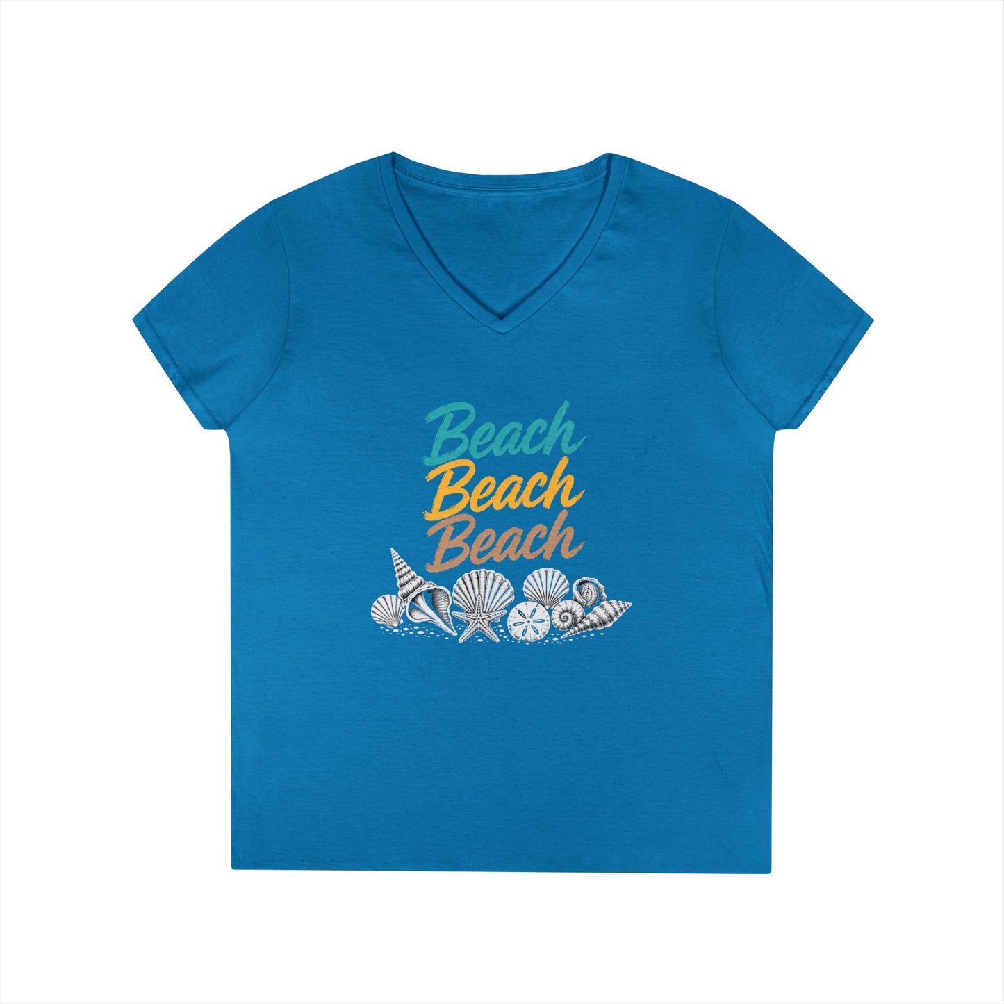 Beach Beach Beach Script V-Neck Tee — Women’s Casual Coastal T-Shirt