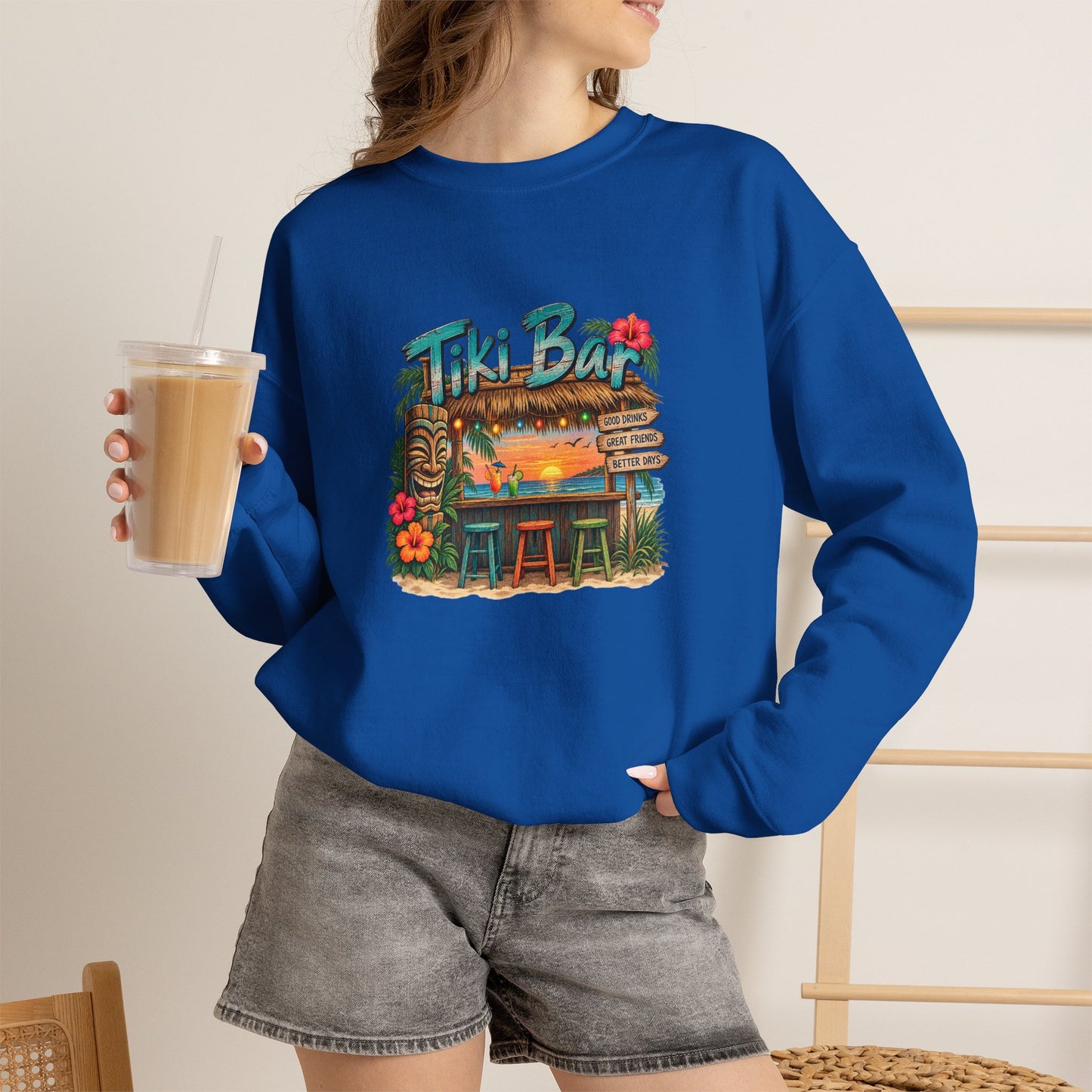 Tiki Bar Crewneck Sweatshirt — Retro Tropical Sunset Design