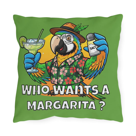 Pillow with a parrot holding a margarita and salt, text 'Who wants a margarita?' on a green background