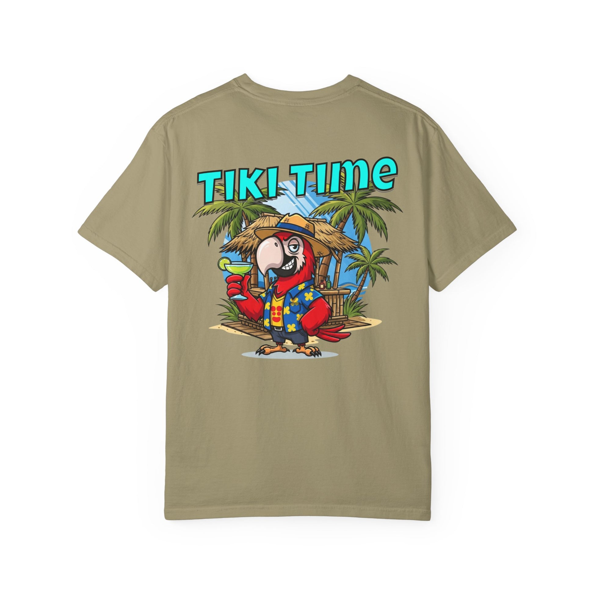 Khaki t-shirt with 'Tiki Time' graphic design featuring a parrot and palm trees on a white background.