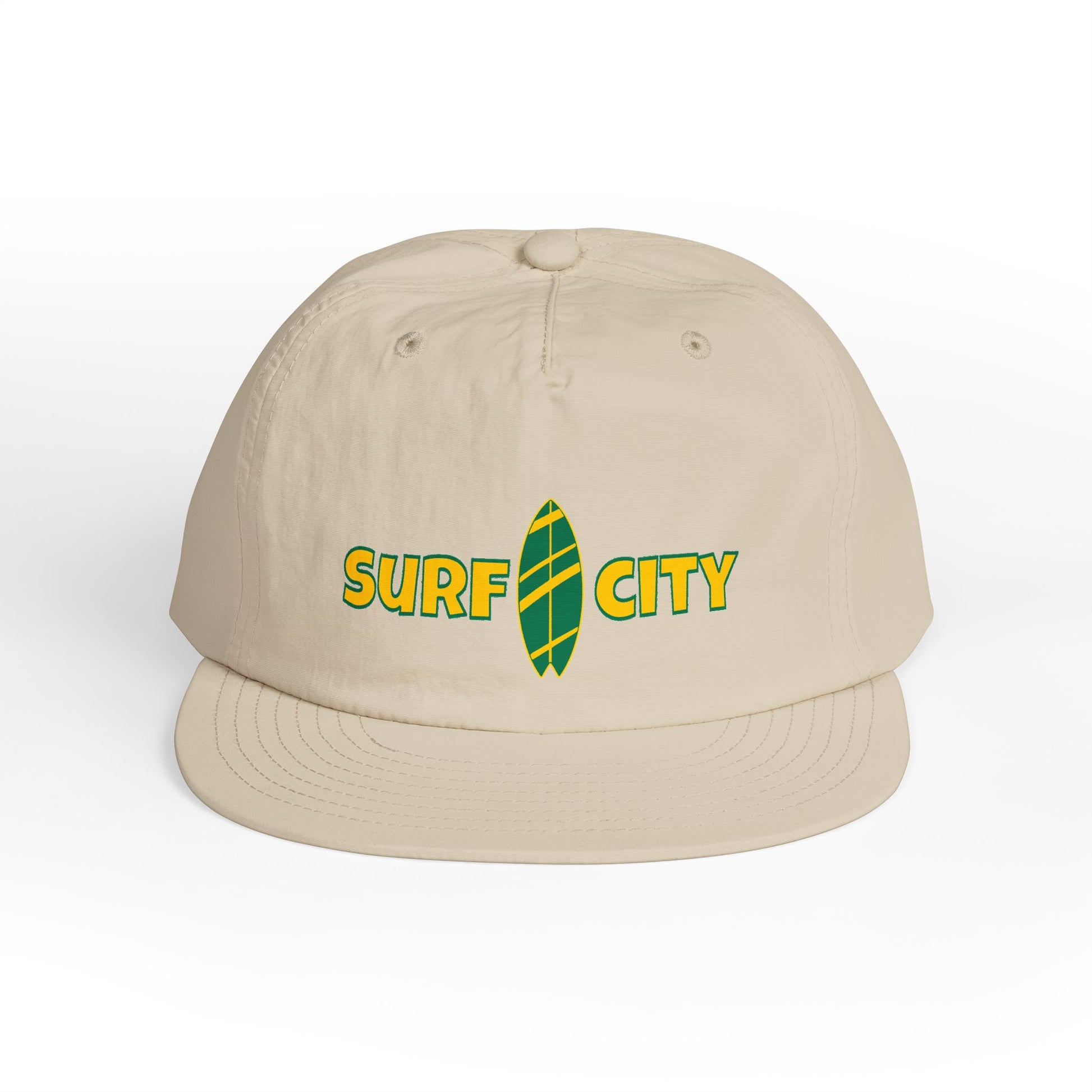 Beige cap with 'Surf City' logo on a white background