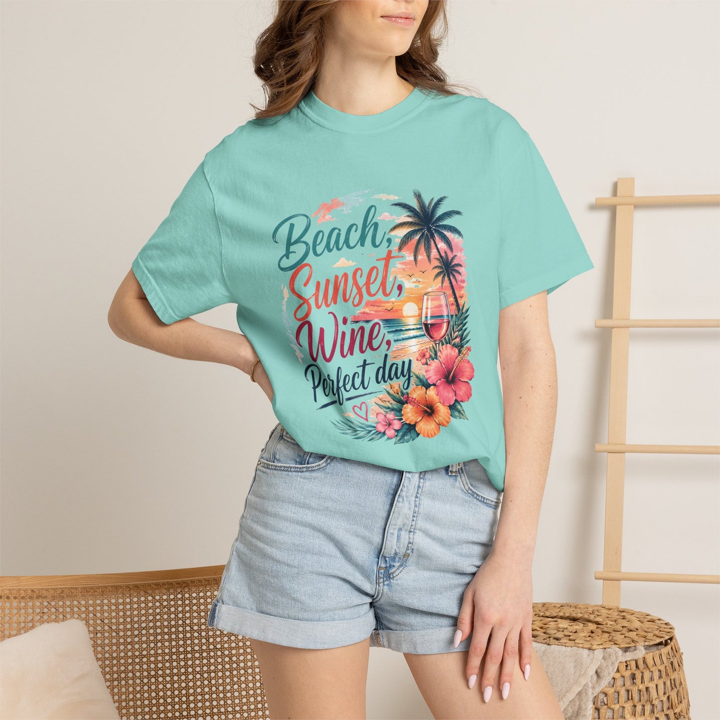 Beach Sunset Wine T-Shirt — "Beach, Sunset, Wine, Perfect Day" Tropical Graphic Tee