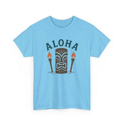 Light blue crew-neck T-shirt with ALOHA tiki face and torch graphic on front