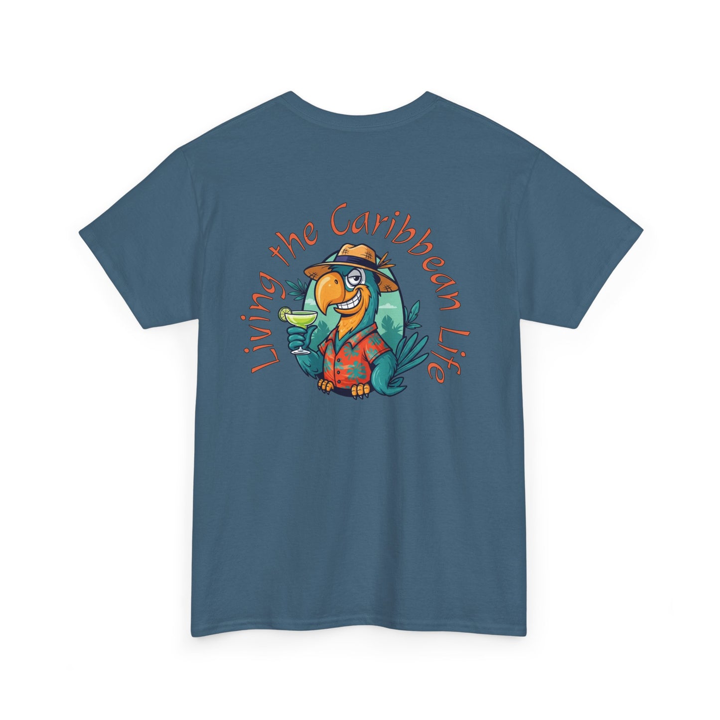 Blue t-shirt with a cartoon parrot and text 'Living the Caribbean Life' on a white background